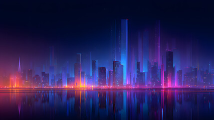 Naklejka premium Vibrant Nighttime Cityscape with Neon Lights Reflecting on Water