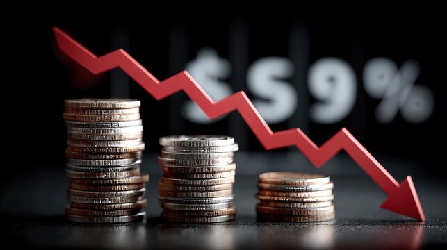 Economic Downturn: Illustrative Image of Falling Coin Stacks and a Sharp Red Decline Graph Highlighting Financial Crisis and Recession