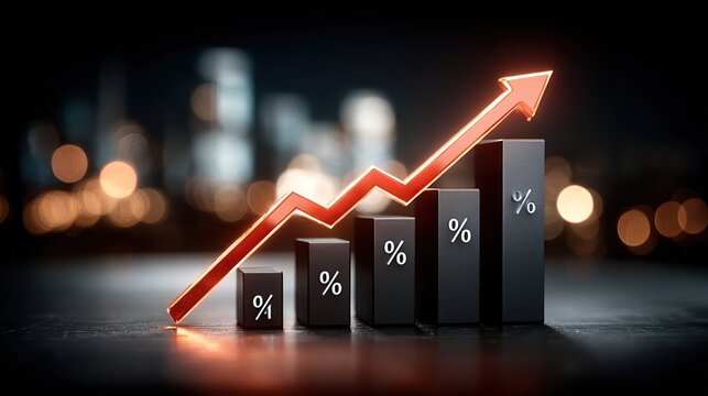 Financial Growth Interest Rate Increase: A 3D Render of a Rising Bar Graph with Percentage Symbols and a Glowing Red Arrow, Representing Economic Growth and Investment Success in