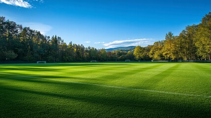 Lush green soccer field with white lines, surrounded by autumn trees under a vibrant blue sky.