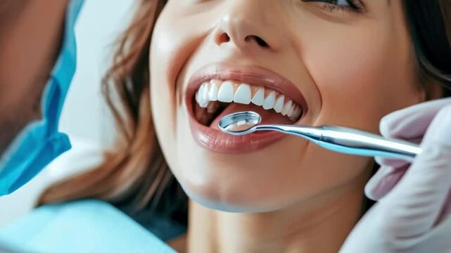 Closeup dentist's hand holding a dental mirror, examining a female patient's open mouth