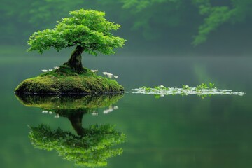Naklejka premium Peaceful bonsai on an island, reflected in glassy water. Lush greenery, misty forest backdrop