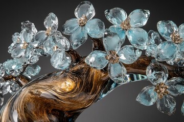 Close-up of a decorative crystal tree.  Light-blue crystal flowers adorn branches; dark brown, swirling trunk
