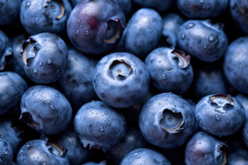 Fresh ripe blueberries showing water droplets creating texture and shine