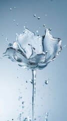 Water splashes create the shape of a delicate flower against a soft blue background at early morning light 