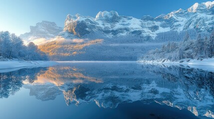 Fototapeta premium Frozen lake reflecting snowy peaks at dawn