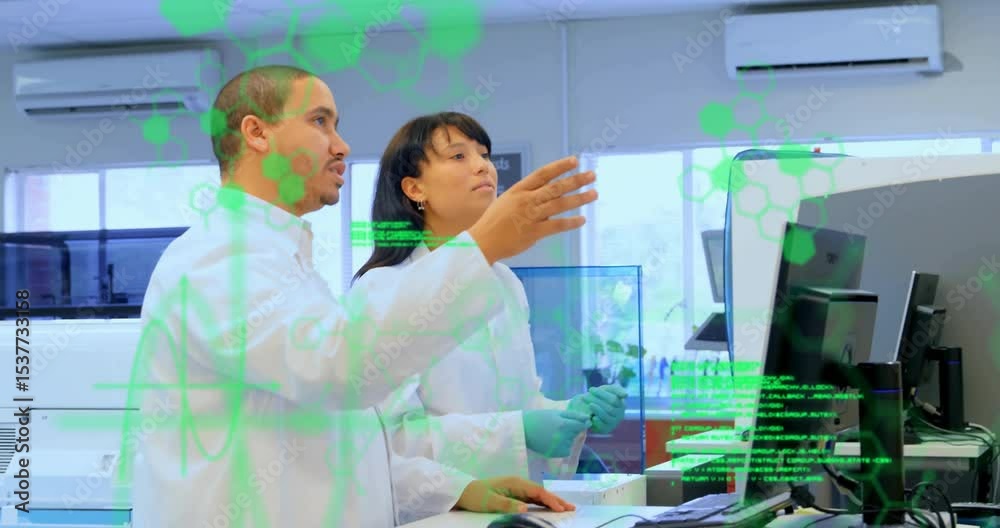 Poster two scientists pressing key and activating molecular graphics while analyzing lab assay results