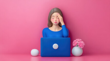 Stressed Woman Working on Laptop, Pink Background