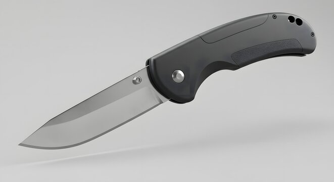 Fototapeta Sleek Black Folding Knife with Silver Blade - Stock Photo