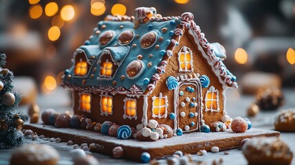 Gingerbread house  with windows and snow christmas decoration