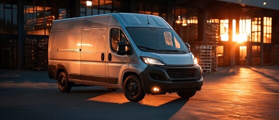 Obraz premium Delivery Van Cargo Transportation Logistics Sunset Industrial Parking Lot High Reso