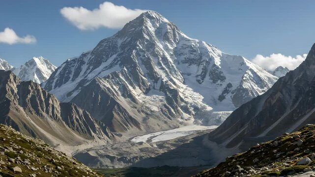 Majestic Snowy Mountain Peaks Under Blue Skies in a Rugged Landscape with Rocky Valleys and Sunlight
