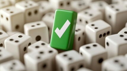 Green checkmark die stands out among many white dice.