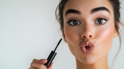 A woman with brown eyes and bold eyebrows, holding a mascara wand with her lips puckered. She is wearing makeup and posing for a selfie.
