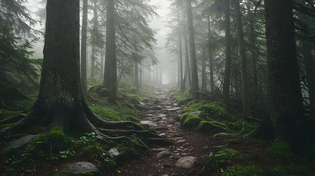 Misty Forest Path with Green Mossy Trees Stone Pathway and Diffused Daylight Atmospheric Landscape