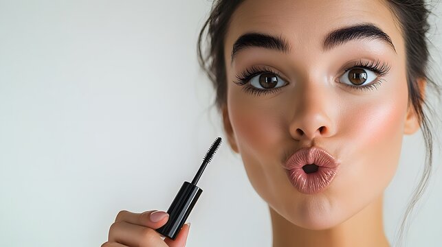 A woman with brown eyes and bold eyebrows, holding a mascara wand with her lips puckered. She is wearing makeup and posing for a selfie.