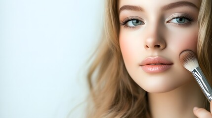Fototapeta premium A young woman with long blonde hair applying makeup with a brush, focusing on her cheekbones and the application of blush.