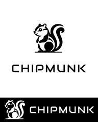 A cute black and white chipmunk logo design featuring a stylized chipmunk with a bushy tail