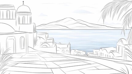 Fototapeta premium Panoramic view of a coastal town with buildings and a calm sea.