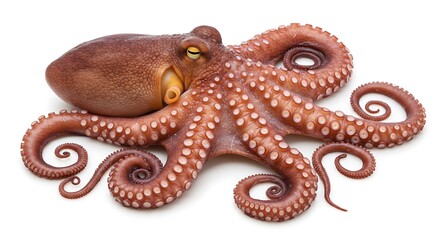 Fototapeta premium Isolated Octopus on White Background with Curled Tentacles
