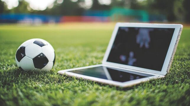 Soccer ball and laptop on green grass.