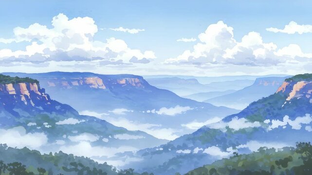 Misty Mountain Valleys Pixel Art Illustration Under a Bright Sky With Distant Plateaus