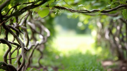 Fototapeta premium Twisted, intertwined branches form a natural tunnel with vibrant green leaves and a bright, blurred background.