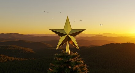 Tree Topper with Golden Star Atop Mountain View at Sunset