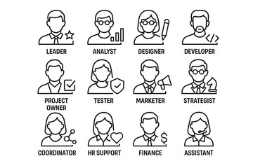Team roles icon set featuring male and female professionals in various positions