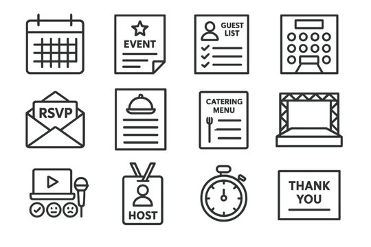 Event planning icons: calendar, menu, rsvp, guest list, stage, microphone, stopwatch
