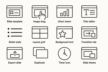 Icons for slide design features: templates, charts, text editing, grids, themes