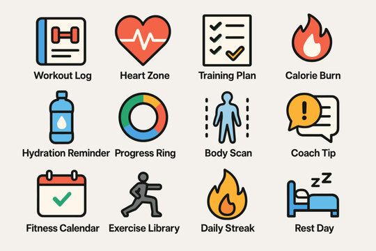 Fitness icons set: workout log, heart zone, calorie burn, hydration reminder, rest day