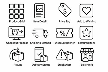 E-commerce icons: product, checkout, shipping, discount, return