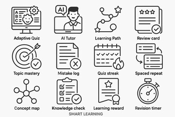 Smart learning icons: ai tutor, adaptive quiz, learning paths, review cards, knowledge check
