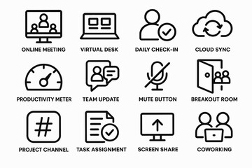 Digital office icons: online meeting, virtual desk, productivity tools