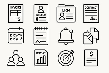 Business icons: invoice, crm, calendar, report, contract, target, notifications