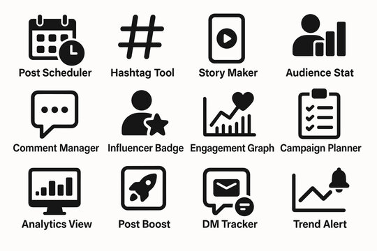 Social media management icons: tools for scheduling, analytics, and engagement