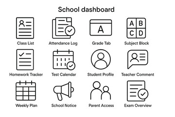 School dashboard icons: class list, attendance log, grade tab, and more