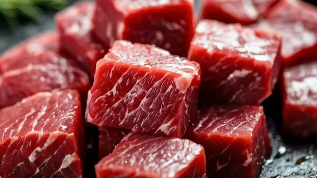 Closeup of raw beef cubes deep red and ready for cooking. Concept Food Photography, Raw Meat, Beef Cubes.