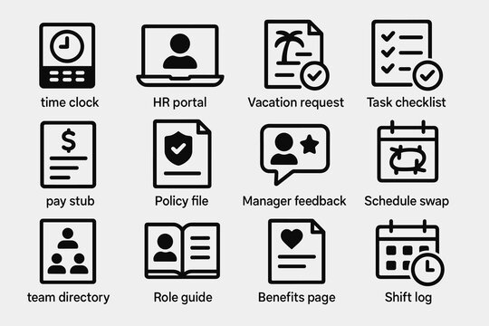 Hr and management icons: time, portal, vacation, checklists, pay, policy, feedback, schedule, directory, role, benefits, shift
