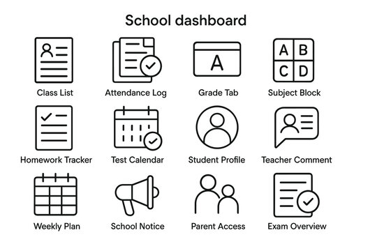 School dashboard icons: class list, attendance log, grade tab, and more
