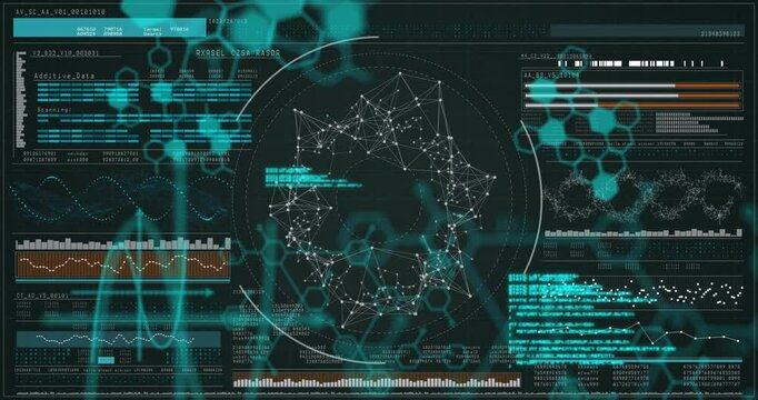On interface launch GUI panels animating while central node network growing visualizing data flow