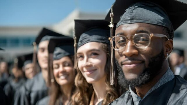 Group of smiling multi ethnic university or college students wearing graduation gowns and mortarboards posing for a photo celebrating their academic achievement