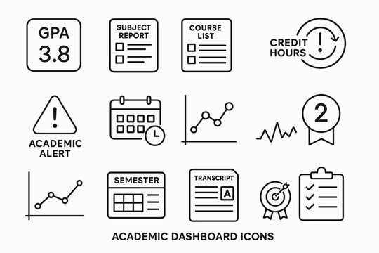 Academic dashboard icons set featuring gpa, reports, courses, alerts, and more