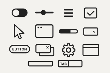 Minimalist ui icons set: toggle, slider, menu, checkbox, cursor, tab, button, progress, gear