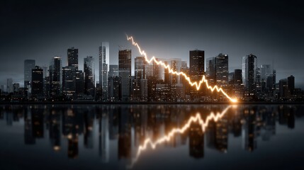 Obraz premium Cityscape Reflecting a Dramatic Economic Downturn: A Glowing Graph Illustrates the Crumbling Financial Landscape of a Modern Metropolis.
