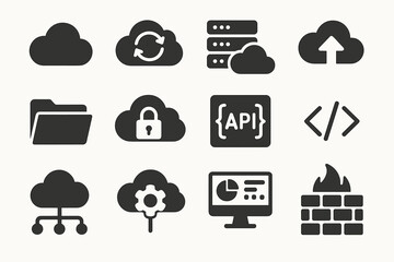 Cloud computing icons: sync, storage, upload, security, api, code
