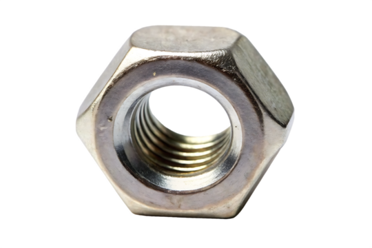 Closeup view of a metallic hex nut with visible internal threads isolated on a transparent background