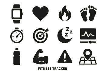 Icons of fitness tracking: watch, heart, flames, feet, stopwatch, target, moon, graph, bottle, muscle, caution, location