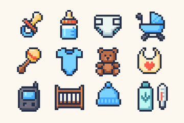 Pixel art baby essentials: toys, clothing, gear in a retro style